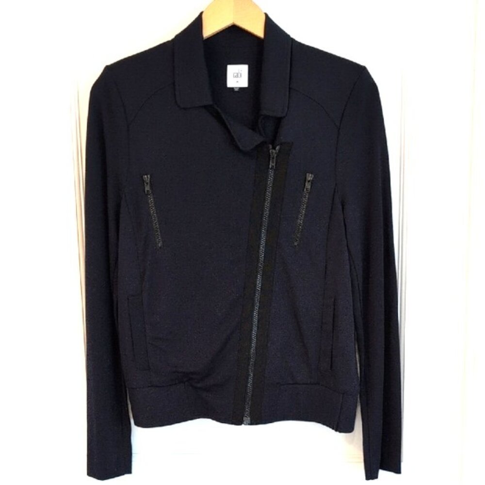 CAbi Chance Moto Jacket #5476 Medium Navy Blue Asymmetrical Zip Mixed Media EUC